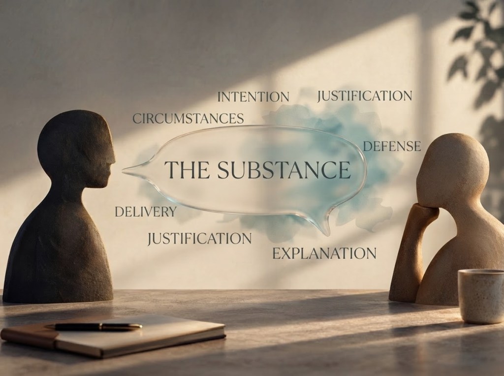 Two abstract human figures facing each other with a thought bubble displaying the text 'THE SUBSTANCE' surrounded by related terms such as 'INTENTION', 'JUSTIFICATION', and 'EXPLANATION' in a minimalistic setting.